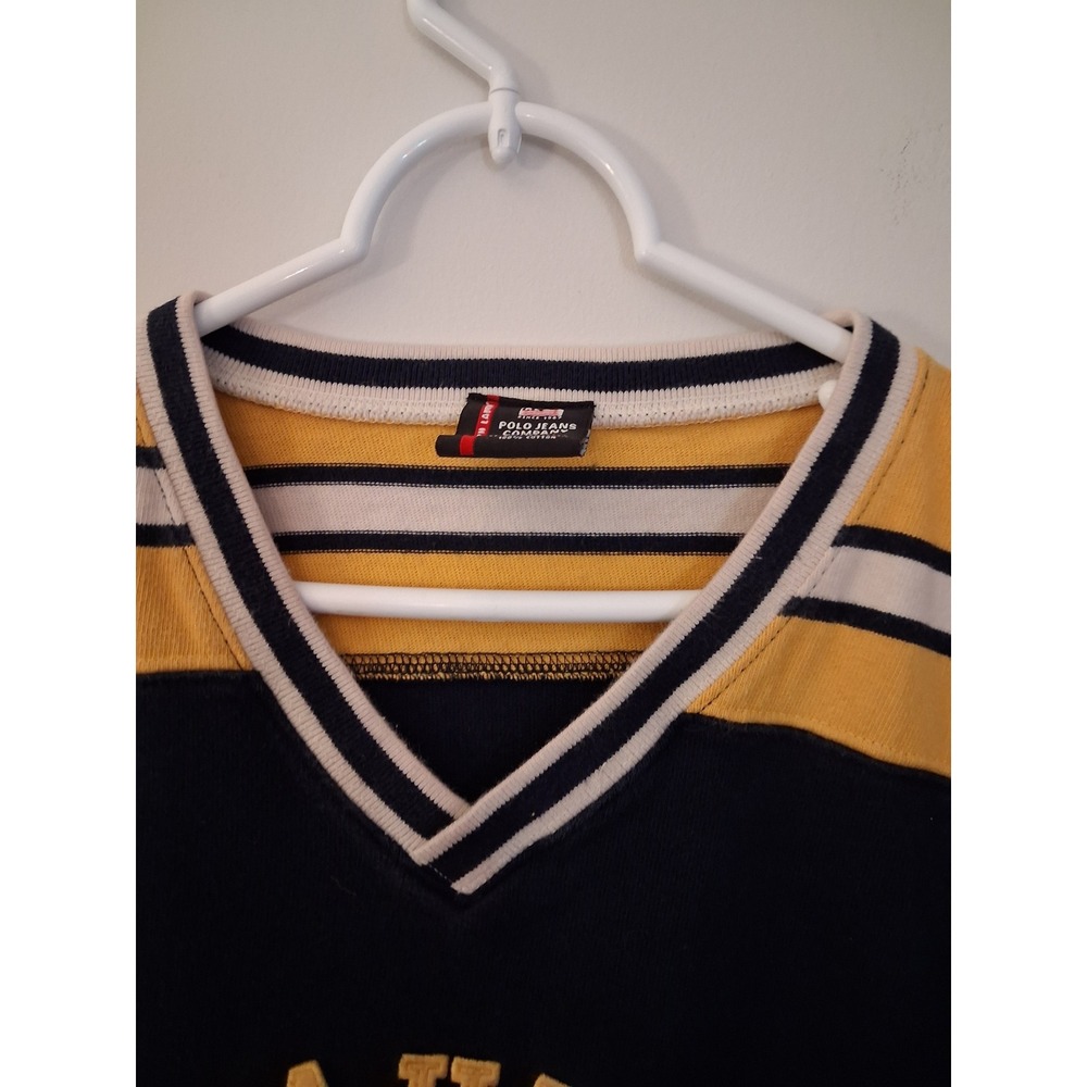 Vintage 90s Polo Jeans Co Ralph Lauren V-Neck Hockey Sweatshirt Navy Yellow XL - Picture 3 of 9